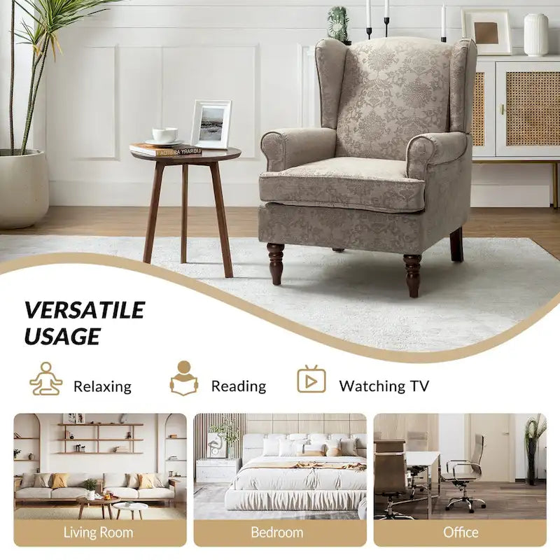 Fabric Wingback Armchair with Turned Legs, Multi-Color, Single