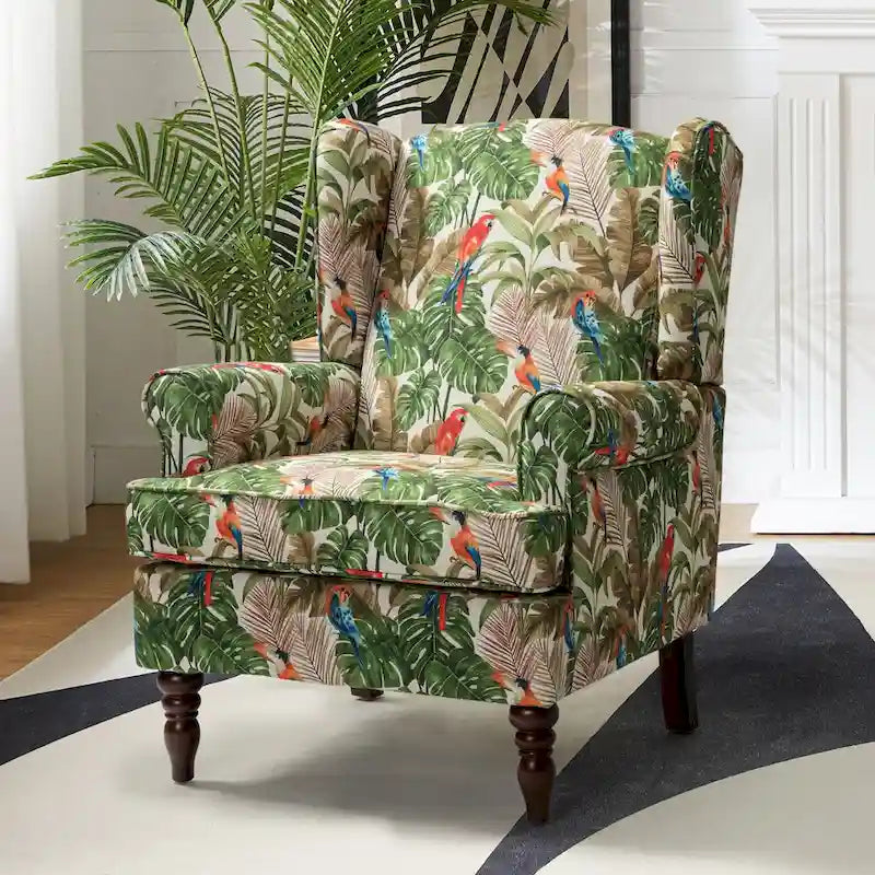 Fabric Wingback Armchair with Turned Legs, Multi-Color, Single