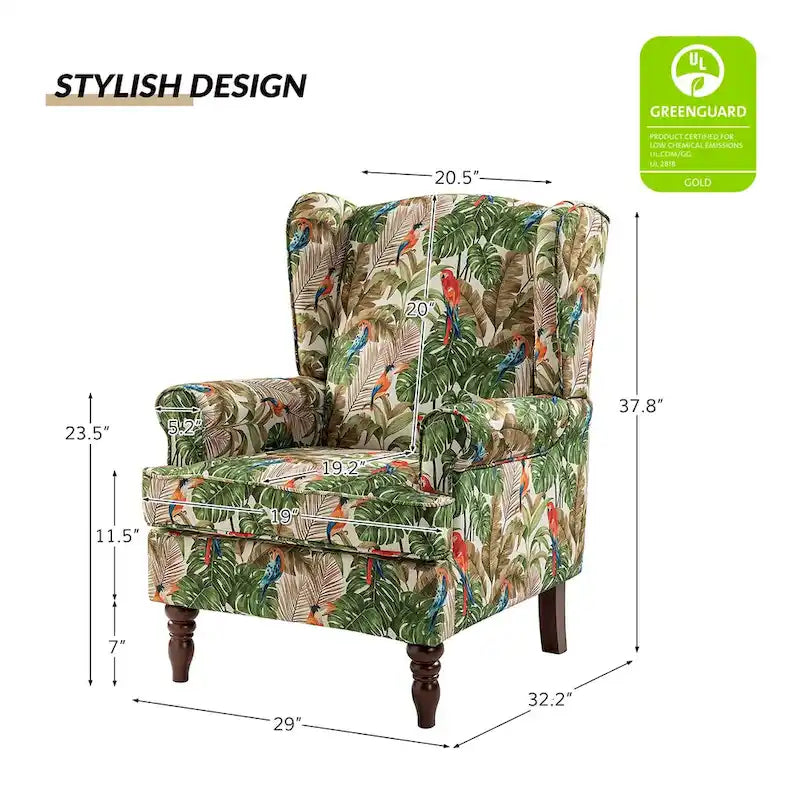 Fabric Wingback Armchair with Turned Legs, Multi-Color, Single