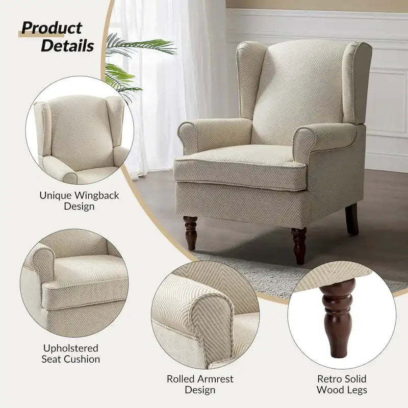 Fabric Wingback Armchair with Turned Legs, Multi-Color, Single