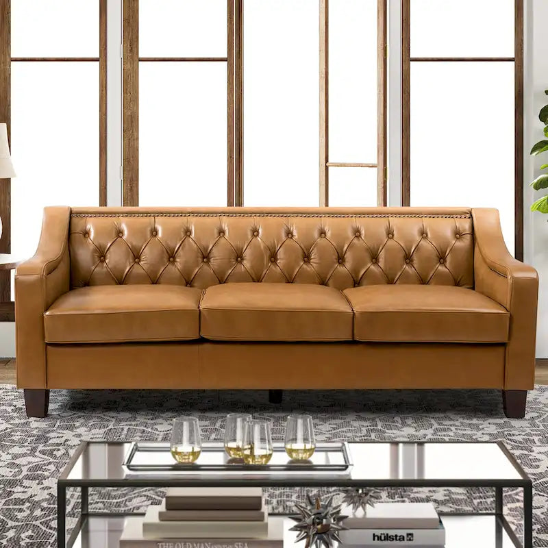 Brown / Camel / Navy / Dove / Burgundy / Sage / Black / Beige Transitional Genuine Leather 2-Seat Sofa