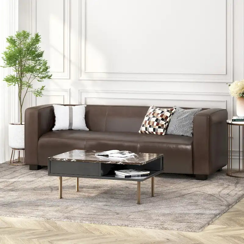 Faux Leather 3-Seater Tuxedo Sofa – Dark Walnut Legs