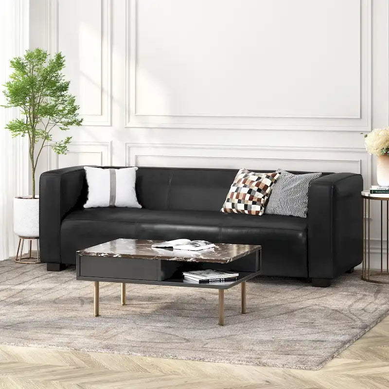 Faux Leather 3-Seater Tuxedo Sofa – Dark Walnut Legs