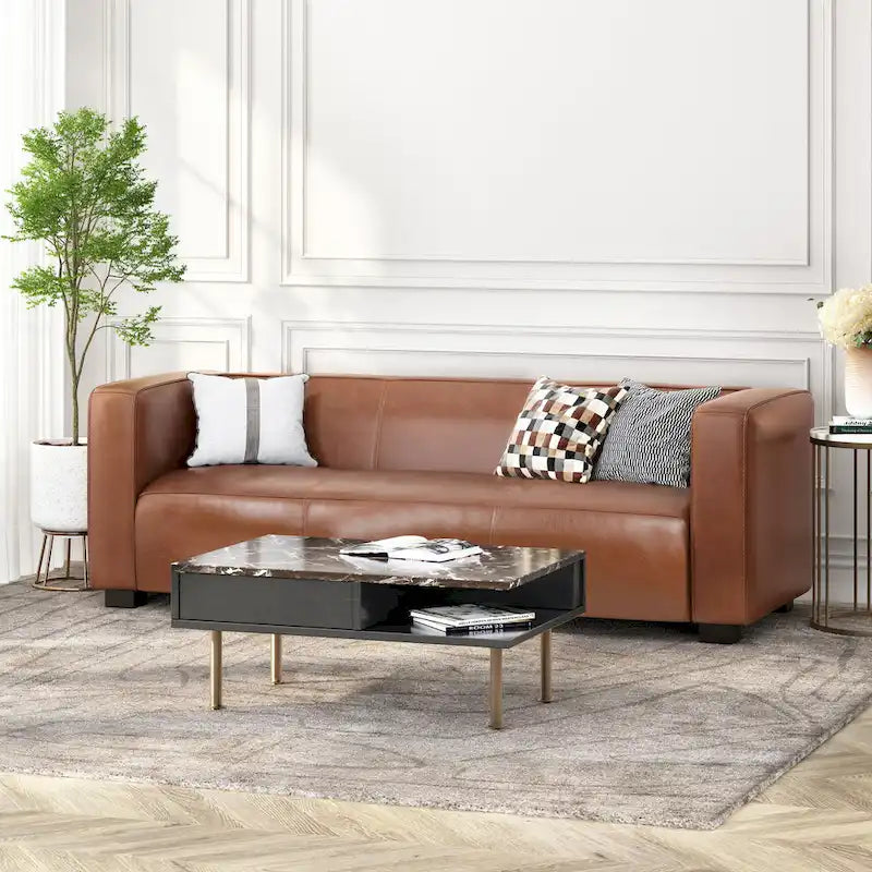 Faux Leather 3-Seater Tuxedo Sofa – Dark Walnut Legs