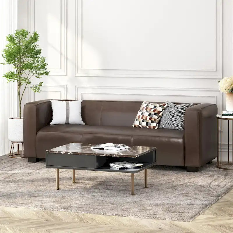 Faux Leather 3-Seater Tuxedo Sofa – Dark Walnut Legs