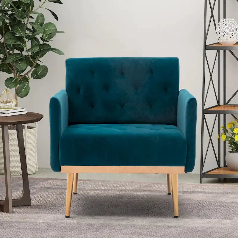 Tufted Velvet Accent Chair with Gold Metal Legs – Multiple Colors, Single Seat