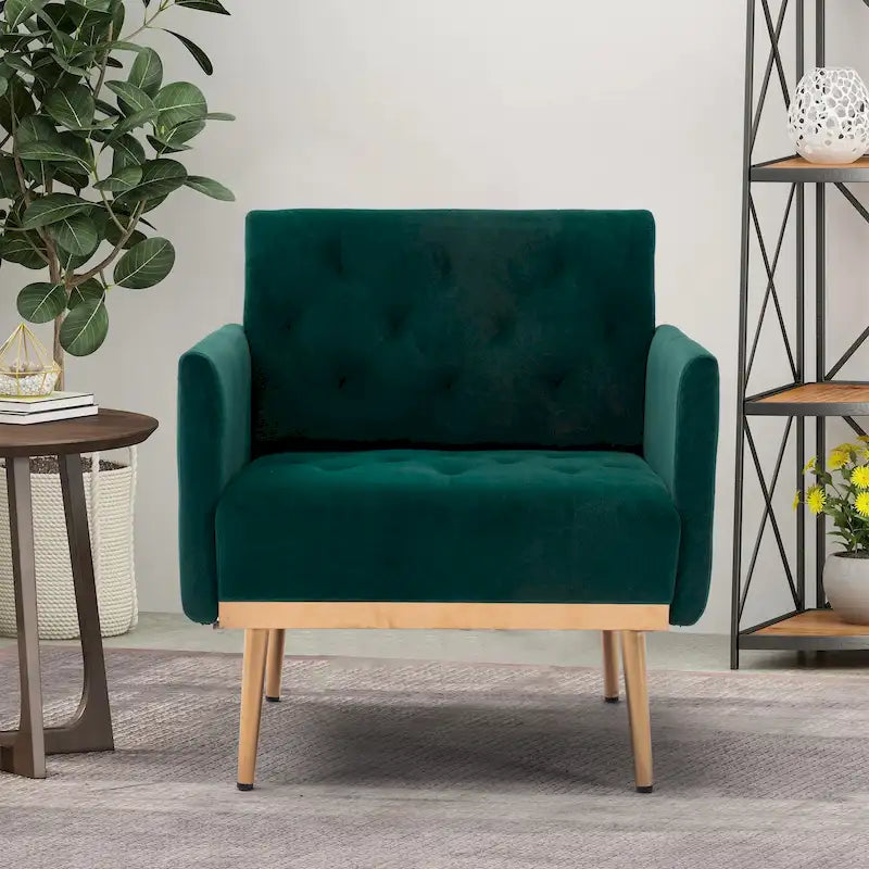 Tufted Velvet Accent Chair with Gold Metal Legs – Multiple Colors, Single Seat