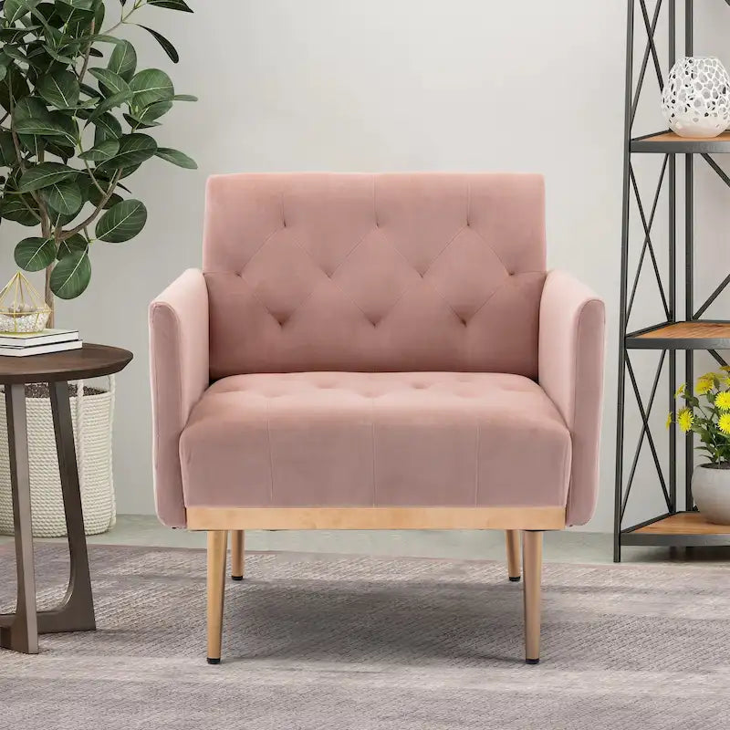 Tufted Velvet Accent Chair with Gold Metal Legs – Multiple Colors, Single Seat
