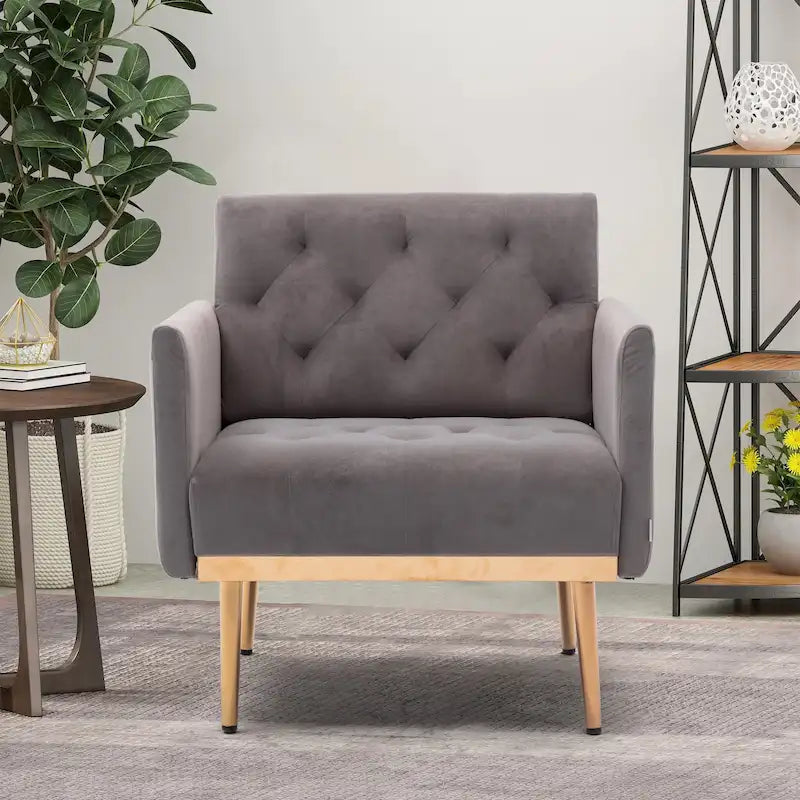 Tufted Velvet Accent Chair with Gold Metal Legs – Multiple Colors, Single Seat