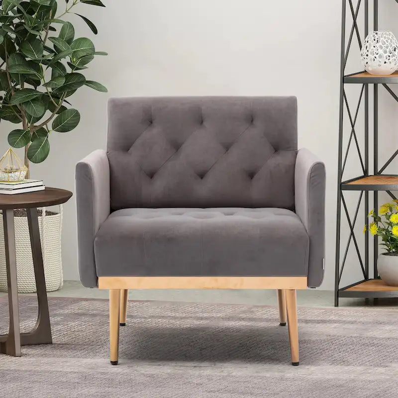 Tufted Velvet Accent Chair with Gold Metal Legs – Multiple Colors, Single Seat