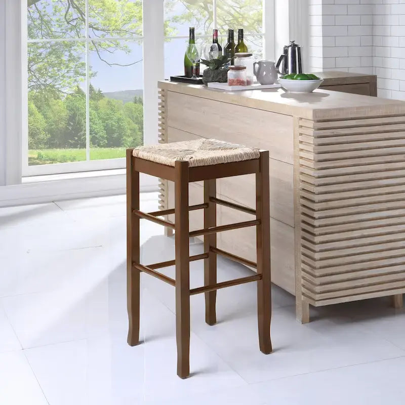 Black / Cappuccino / Oak / Cream Woven Rush Seat Backless Bar Stool, Single
