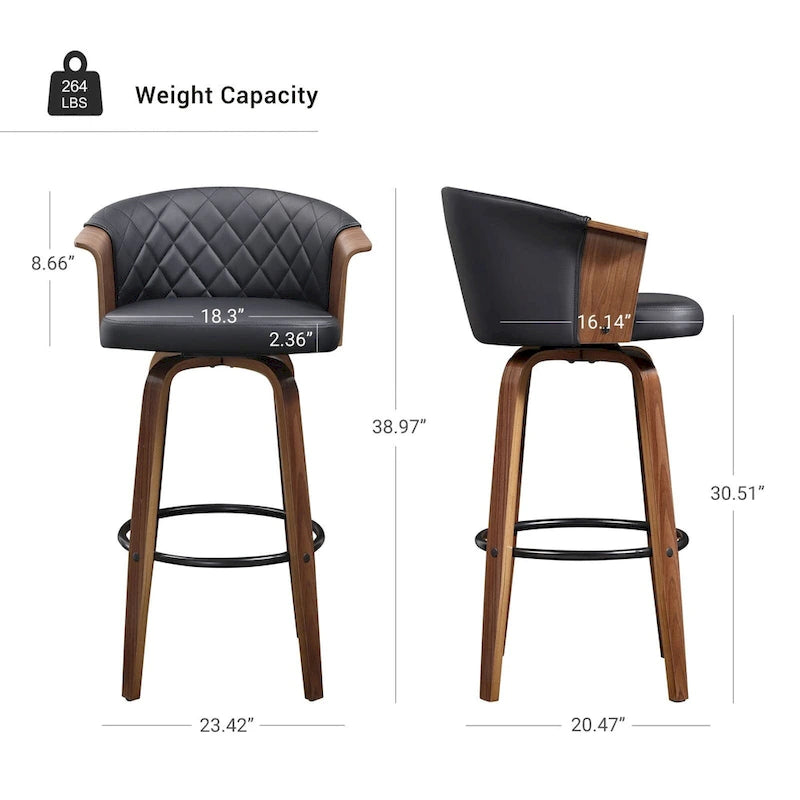 Mid-Century Modern Faux Leather Swivel Counter Stool, Black/Brown, Set of 2