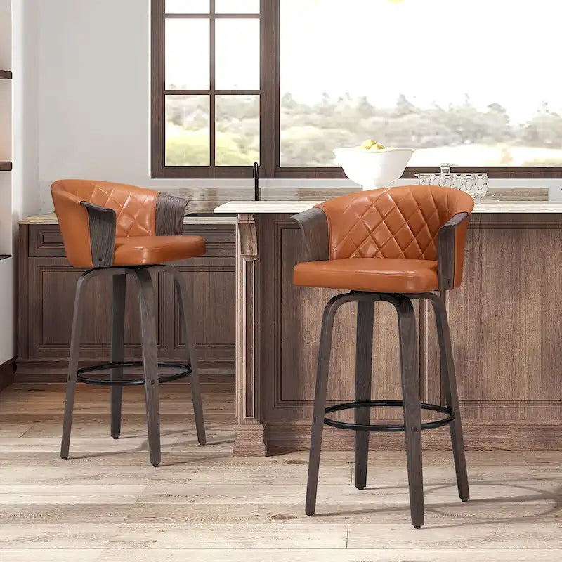 Mid-Century Modern Faux Leather Swivel Counter Stool, Black/Brown, Set of 2