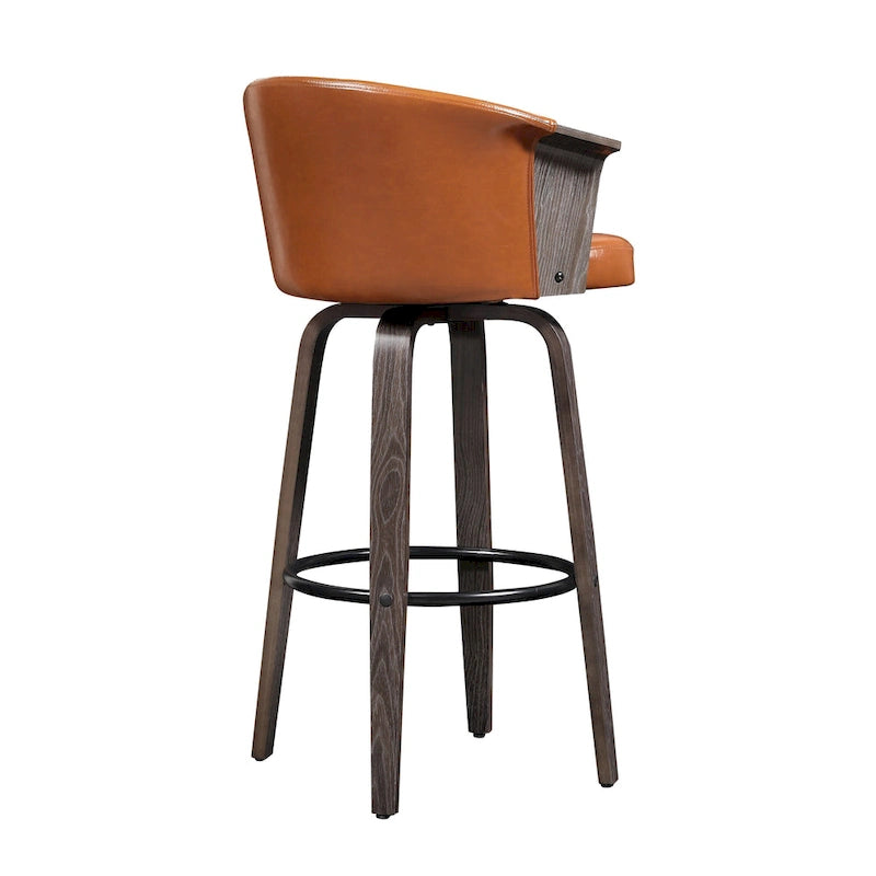 Mid-Century Modern Faux Leather Swivel Counter Stool, Black/Brown, Set of 2