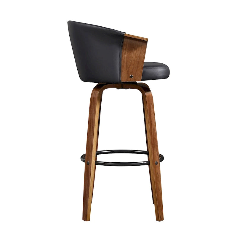 Mid-Century Modern Faux Leather Swivel Counter Stool, Black/Brown, Set of 2