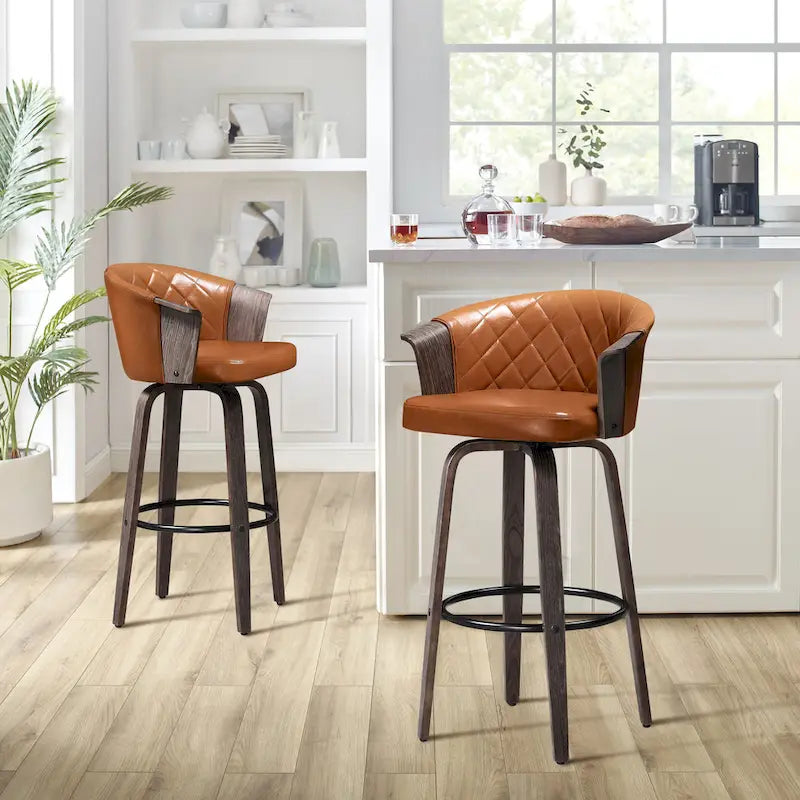 Mid-Century Modern Faux Leather Swivel Counter Stool, Black/Brown, Set of 2