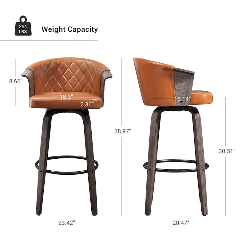 Mid-Century Modern Faux Leather Swivel Counter Stool, Black/Brown, Set of 2