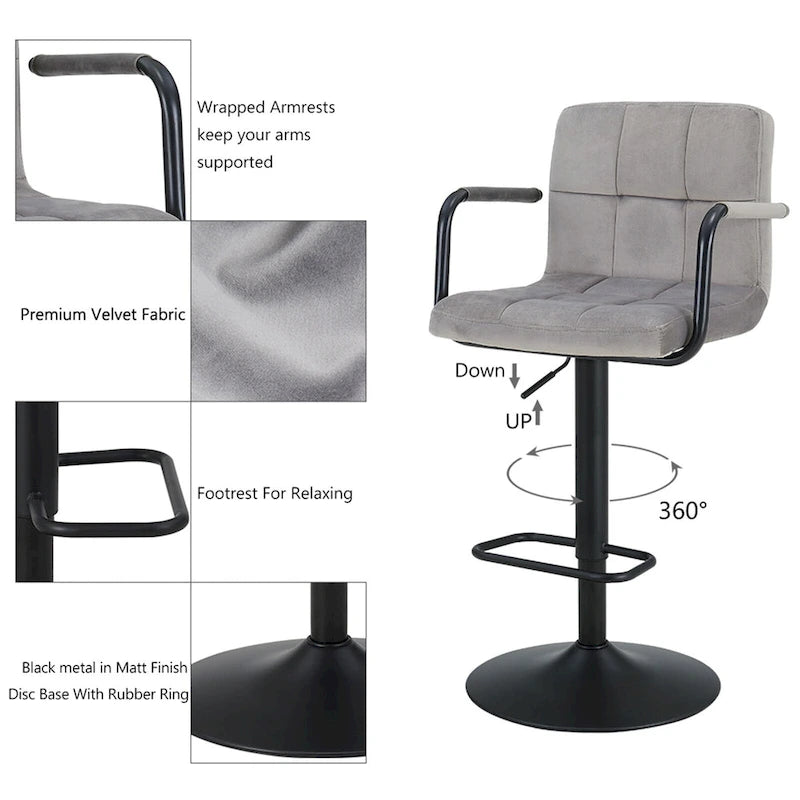 Velvet / Faux Leather / Leathaire Swivel Bar Stool with Armrest, Set of 2