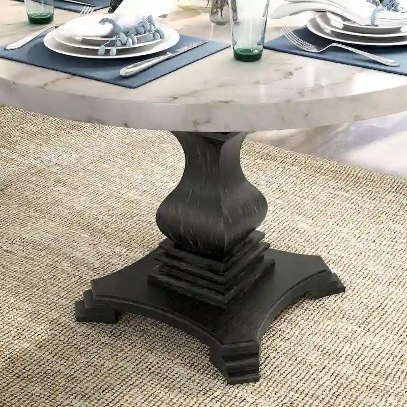 Antique Black & White Rustic Pedestal Dining Table, Seats 4