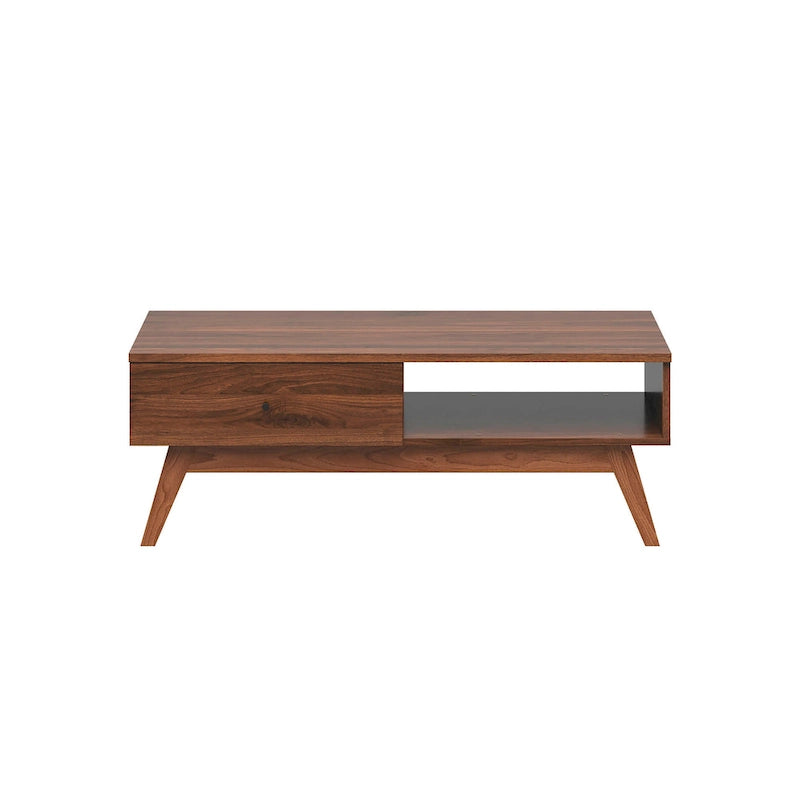 Walnut Wood Coffee Table with Drawer & Open Shelf
