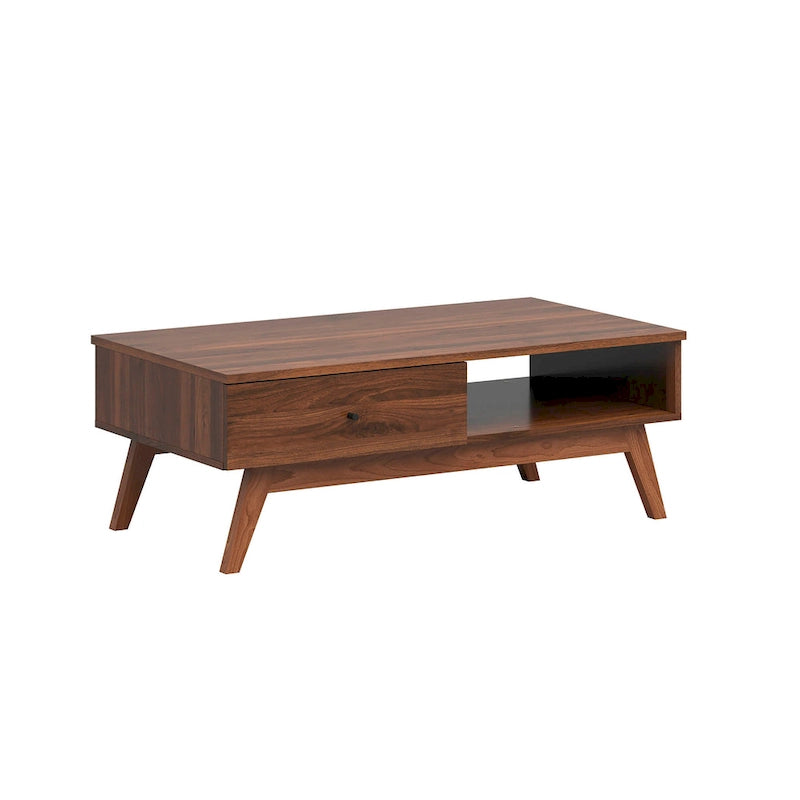 Walnut Wood Coffee Table with Drawer & Open Shelf