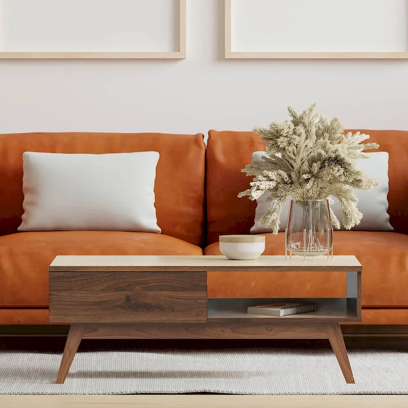 Walnut Wood Coffee Table with Drawer & Open Shelf