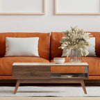 Walnut Wood Coffee Table with Drawer & Open Shelf