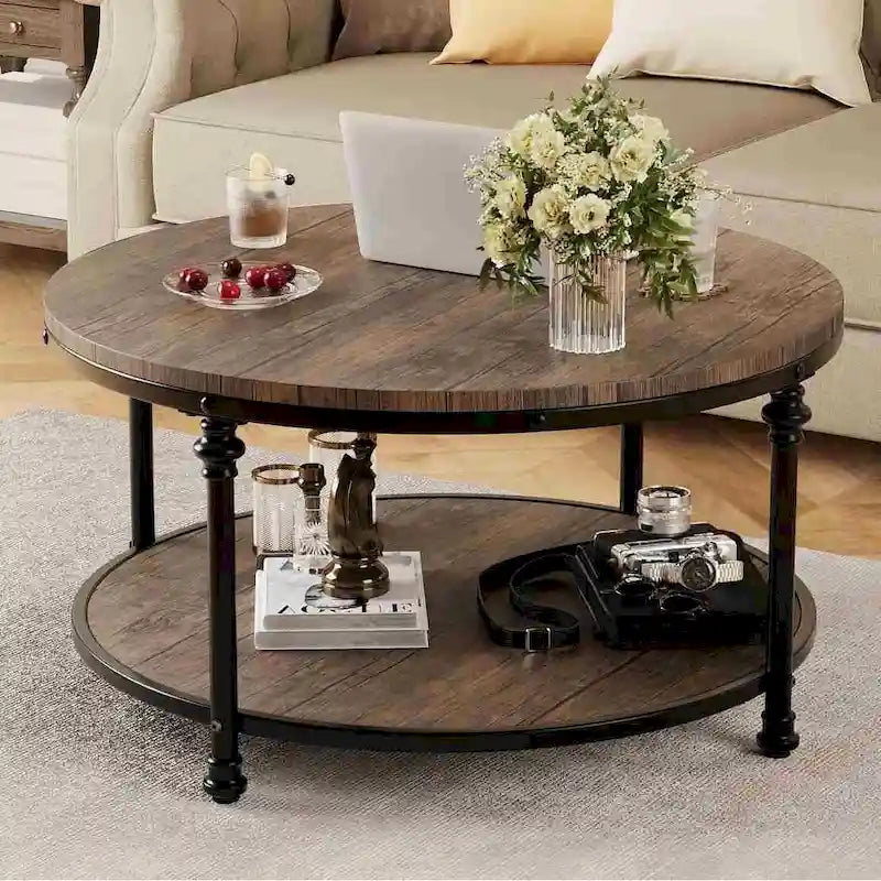 Round Coffee Table, Brown, 2-Tier