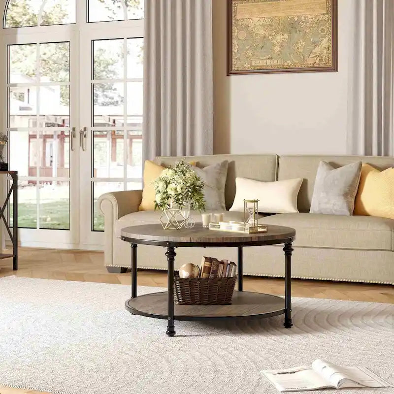 Round Coffee Table, Brown, 2-Tier
