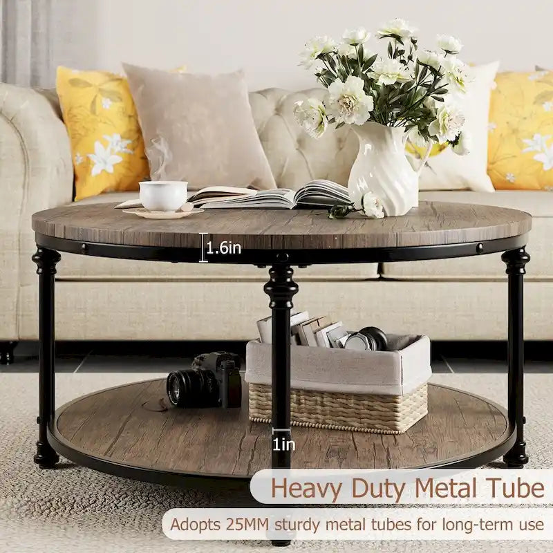 Round Coffee Table, Brown, 2-Tier