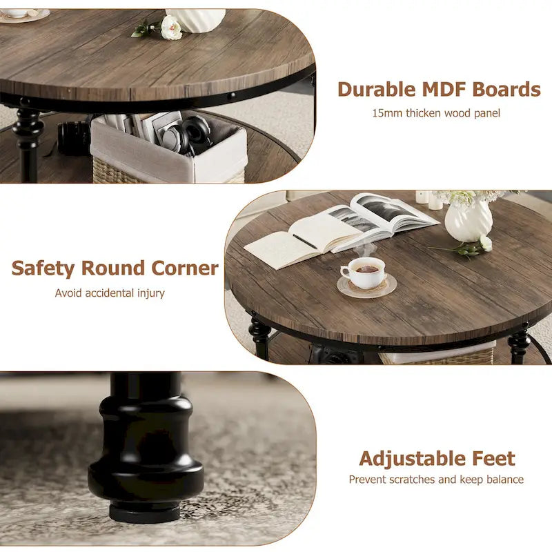 Round Coffee Table, Brown, 2-Tier