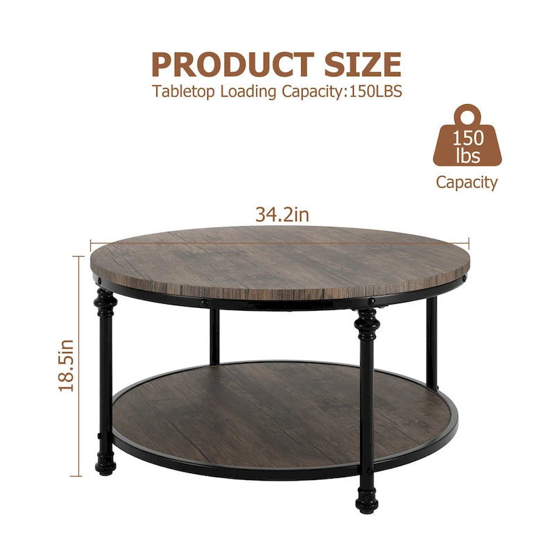 Round Coffee Table, Brown, 2-Tier