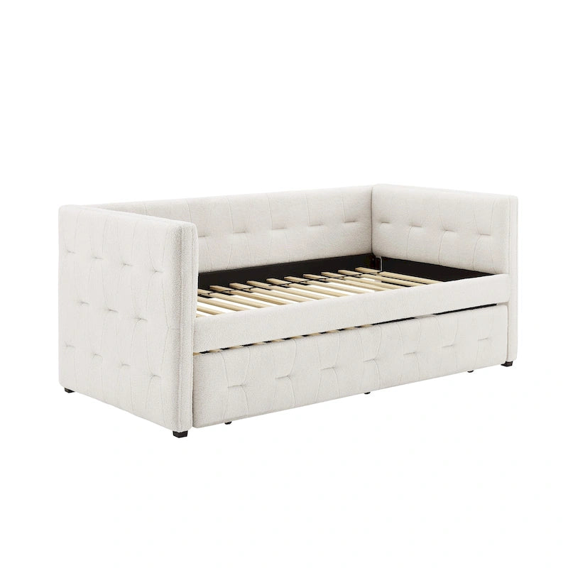 Tufted Upholstered Daybed with Pull-Out Trundle | Camel / White / Grey | Sleeps 2