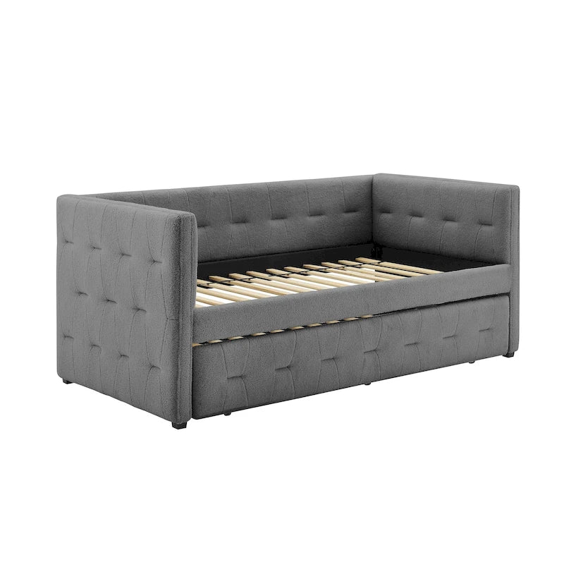 Tufted Upholstered Daybed with Pull-Out Trundle | Camel / White / Grey | Sleeps 2