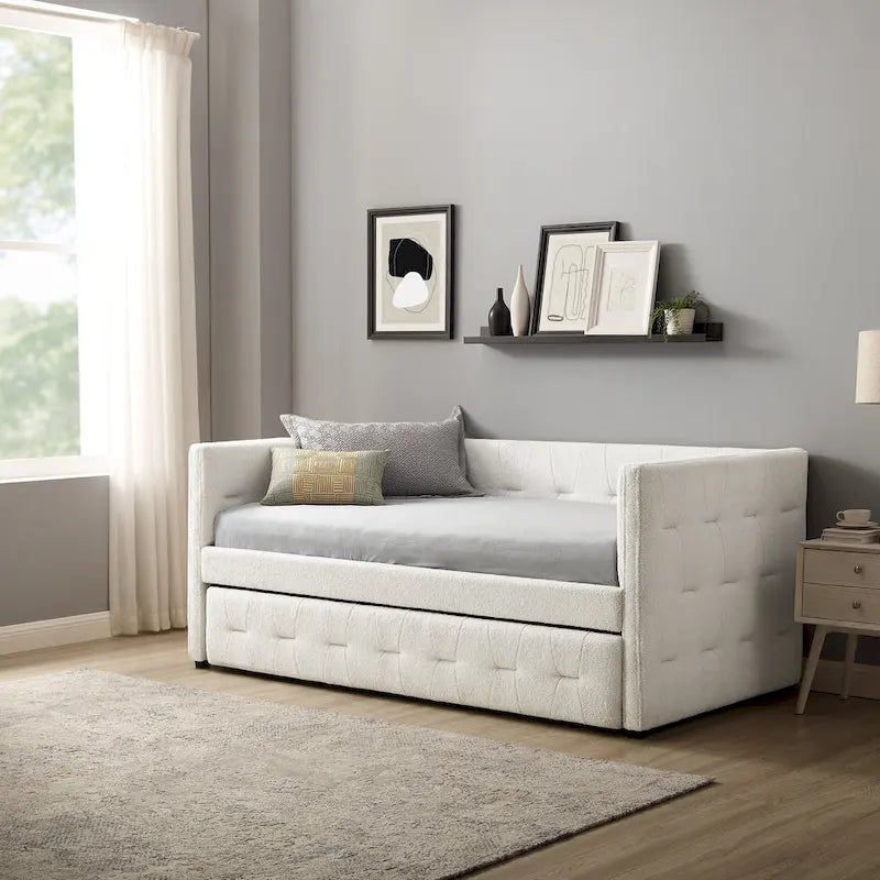 Tufted Upholstered Daybed with Pull-Out Trundle | Camel / White / Grey | Sleeps 2