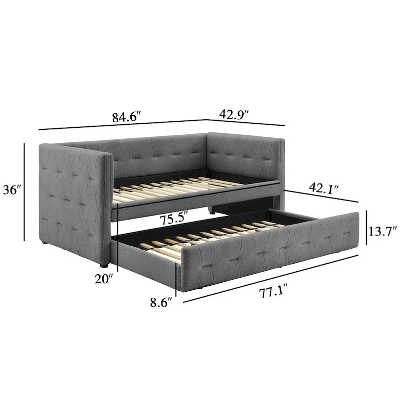 Tufted Upholstered Daybed with Pull-Out Trundle | Camel / White / Grey | Sleeps 2