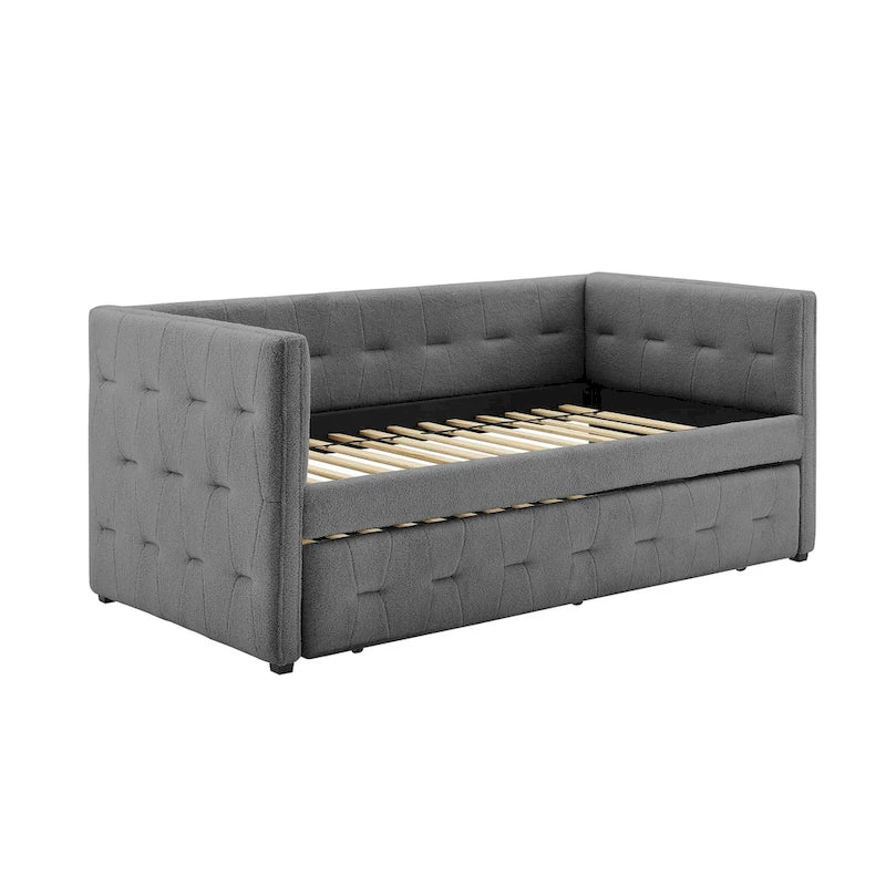 Tufted Upholstered Daybed with Pull-Out Trundle | Camel / White / Grey | Sleeps 2