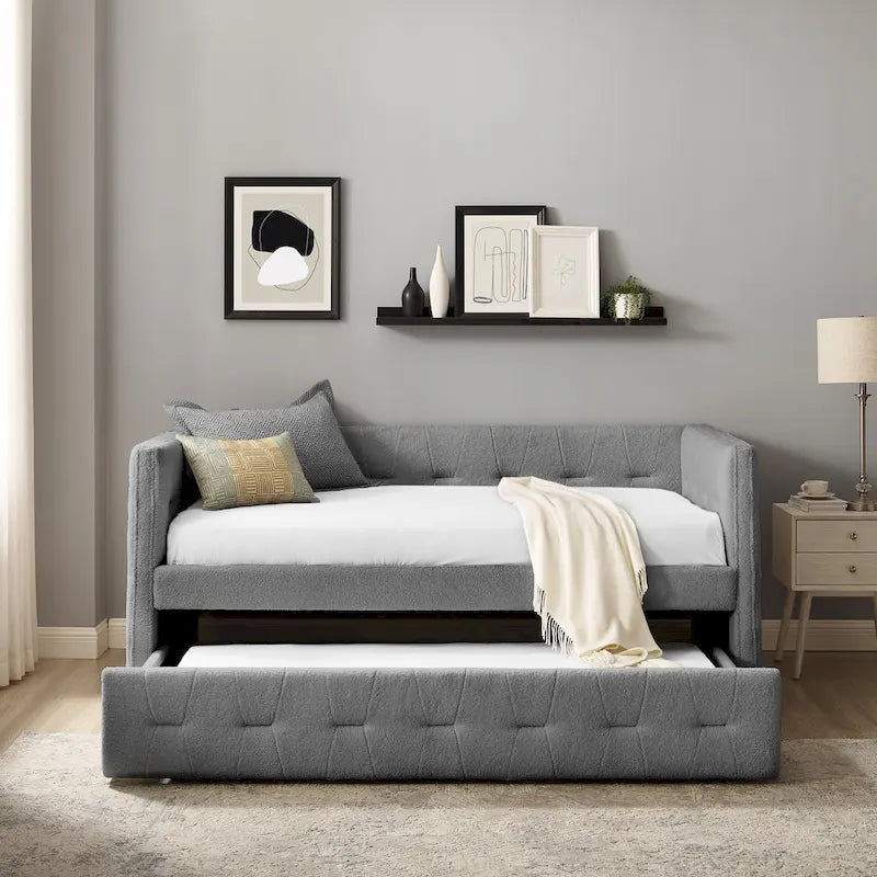 Tufted Upholstered Daybed with Pull-Out Trundle | Camel / White / Grey | Sleeps 2