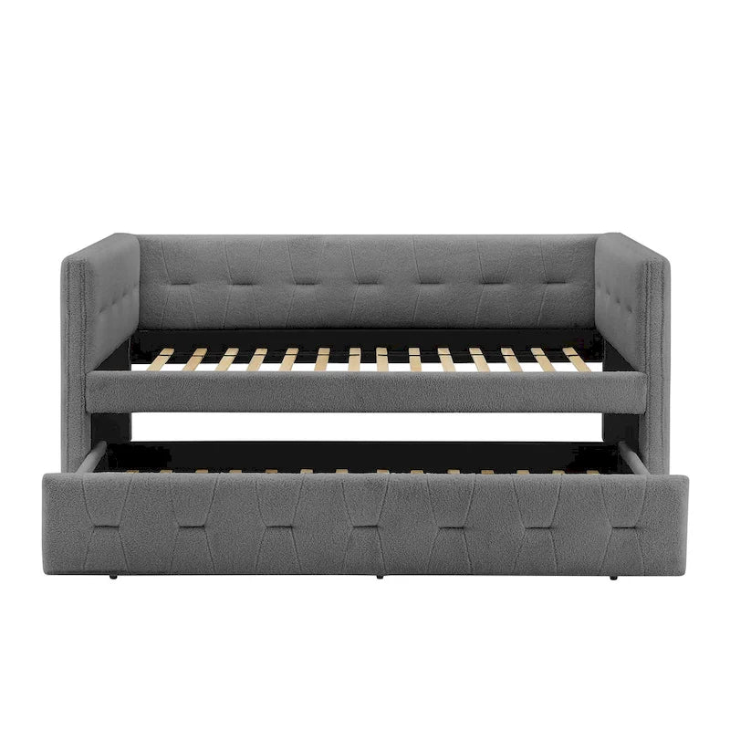 Tufted Upholstered Daybed with Pull-Out Trundle | Camel / White / Grey | Sleeps 2