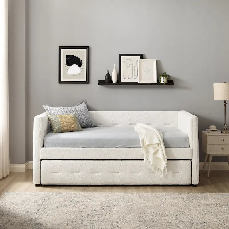 Tufted Upholstered Daybed with Pull-Out Trundle | Camel / White / Grey | Sleeps 2