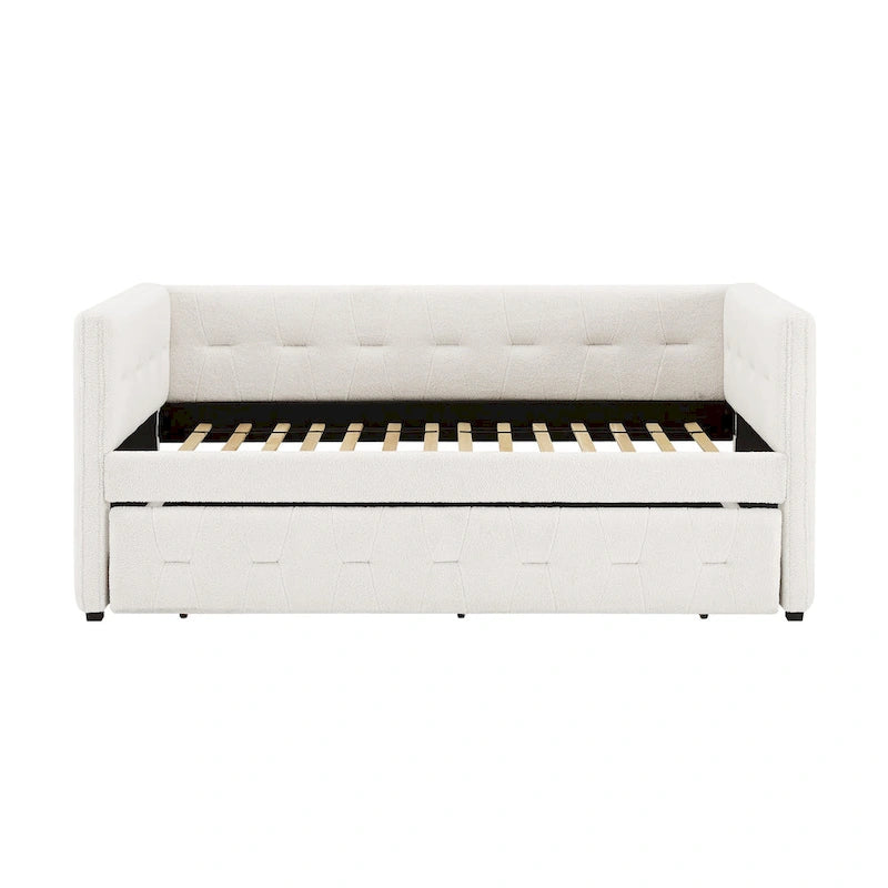 Tufted Upholstered Daybed with Pull-Out Trundle | Camel / White / Grey | Sleeps 2