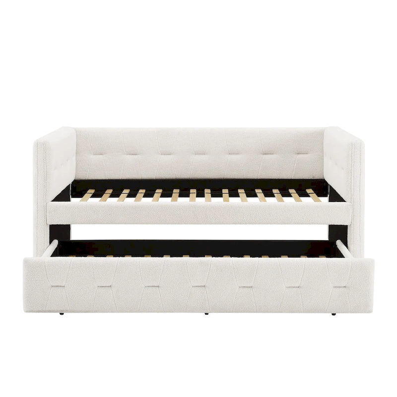 Tufted Upholstered Daybed with Pull-Out Trundle | Camel / White / Grey | Sleeps 2