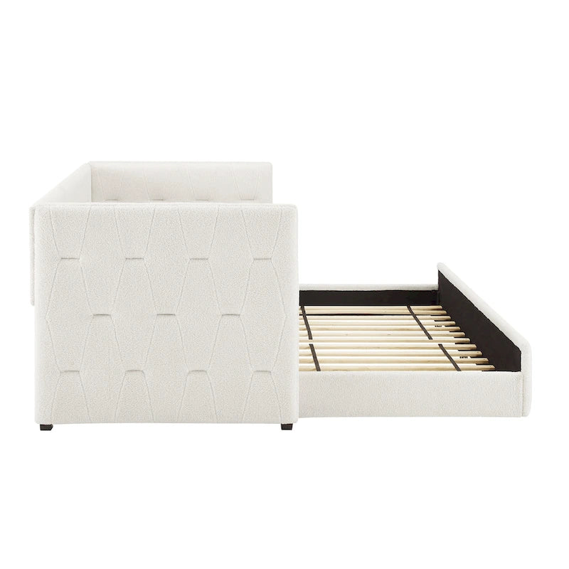 Tufted Upholstered Daybed with Pull-Out Trundle | Camel / White / Grey | Sleeps 2