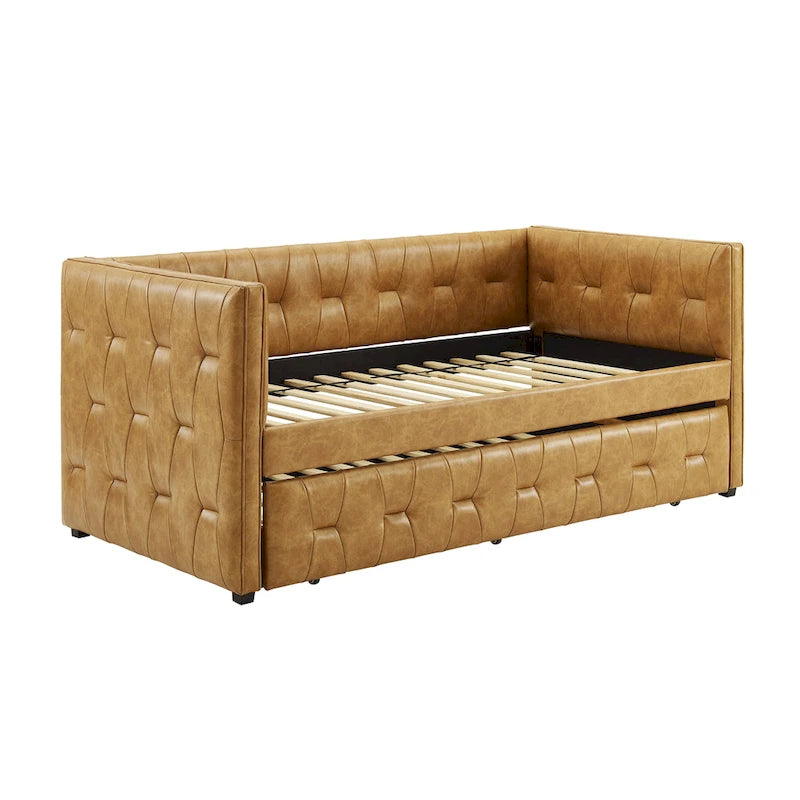 Tufted Upholstered Daybed with Pull-Out Trundle | Camel / White / Grey | Sleeps 2