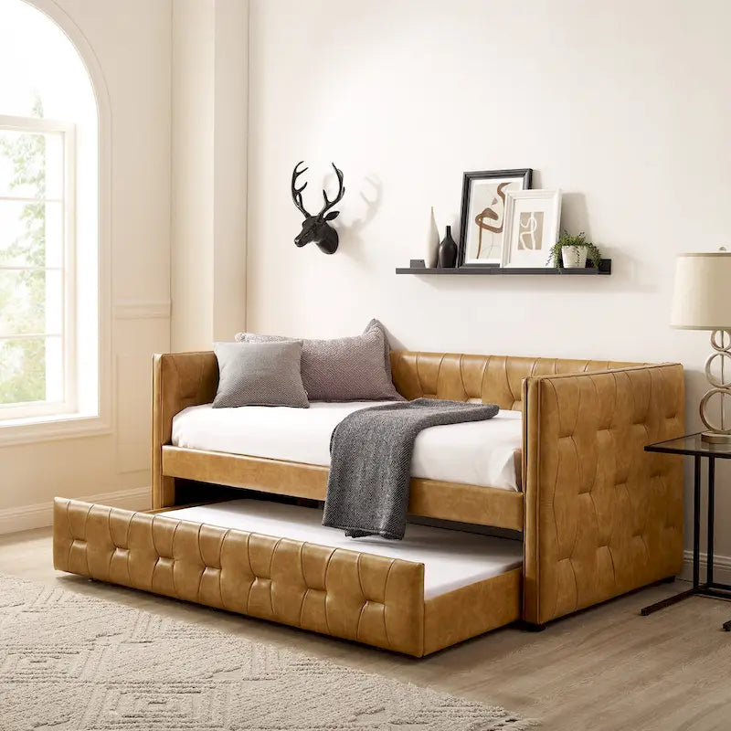 Tufted Upholstered Daybed with Pull-Out Trundle | Camel / White / Grey | Sleeps 2