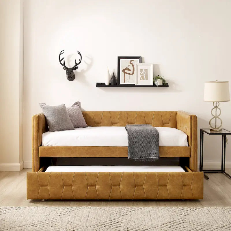 Tufted Upholstered Daybed with Pull-Out Trundle | Camel / White / Grey | Sleeps 2