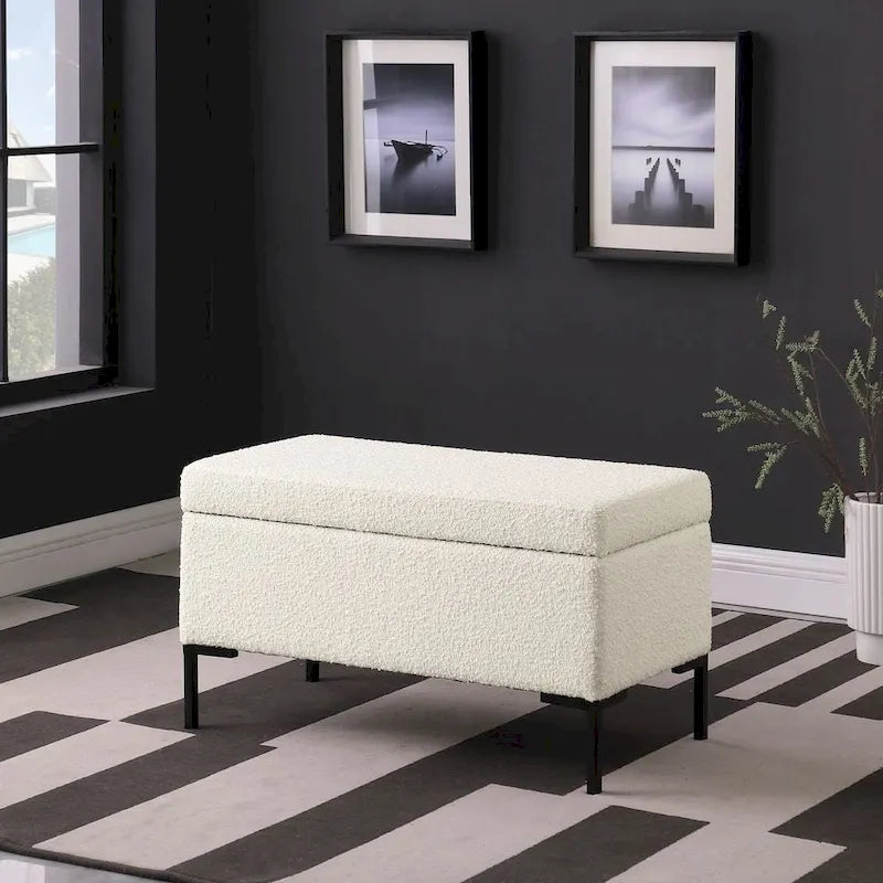Storage Bench with Metal Legs – Green Velvet / Blush Velvet / White Boucle / Gray Woven – Seats 1