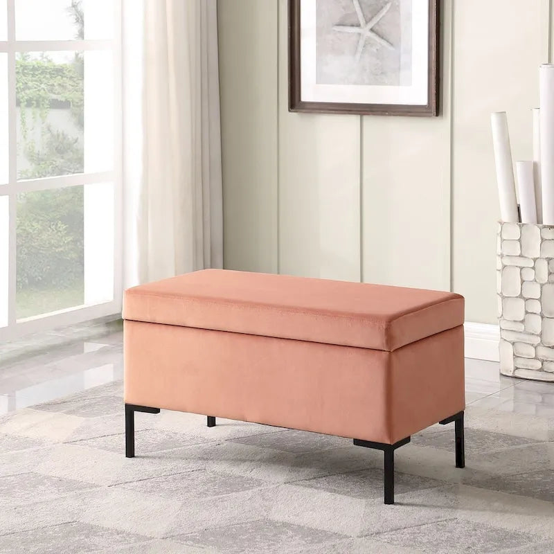 Storage Bench with Metal Legs – Green Velvet / Blush Velvet / White Boucle / Gray Woven – Seats 1