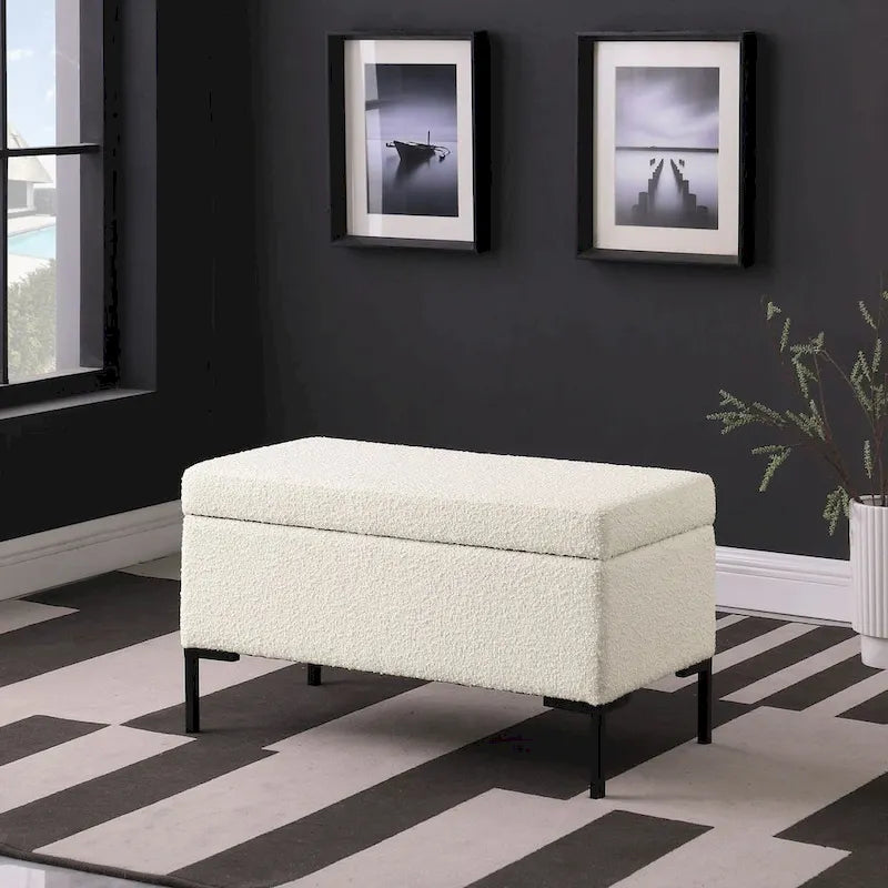 Storage Bench with Metal Legs – Green Velvet / Blush Velvet / White Boucle / Gray Woven – Seats 1