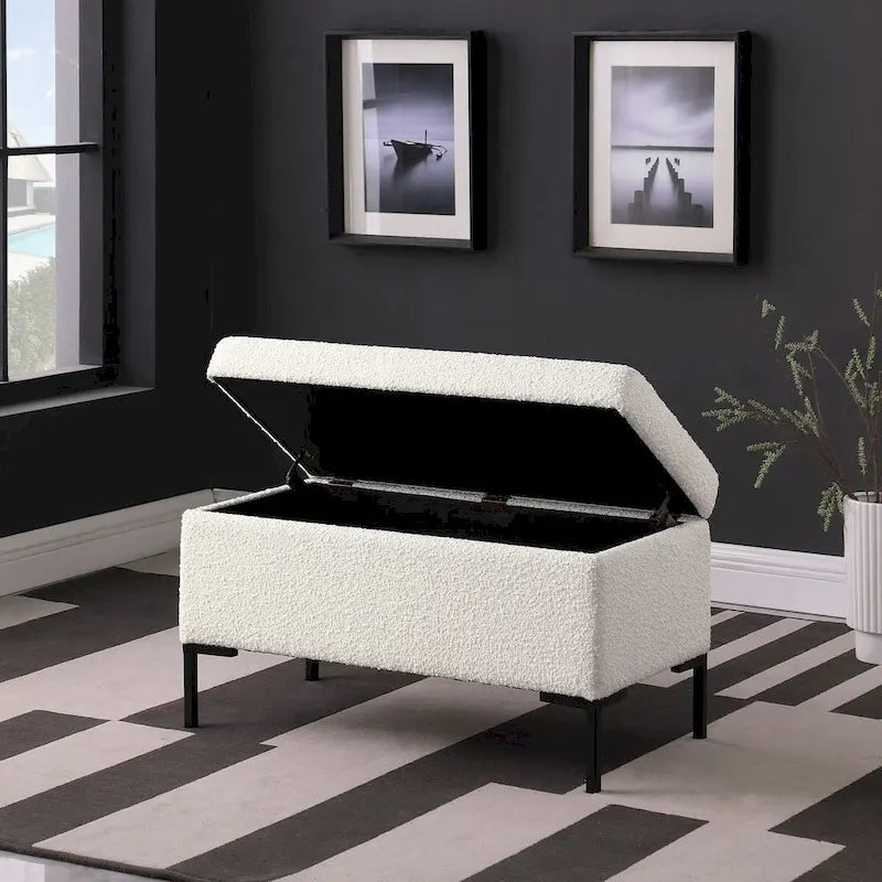 Storage Bench with Metal Legs – Green Velvet / Blush Velvet / White Boucle / Gray Woven – Seats 1